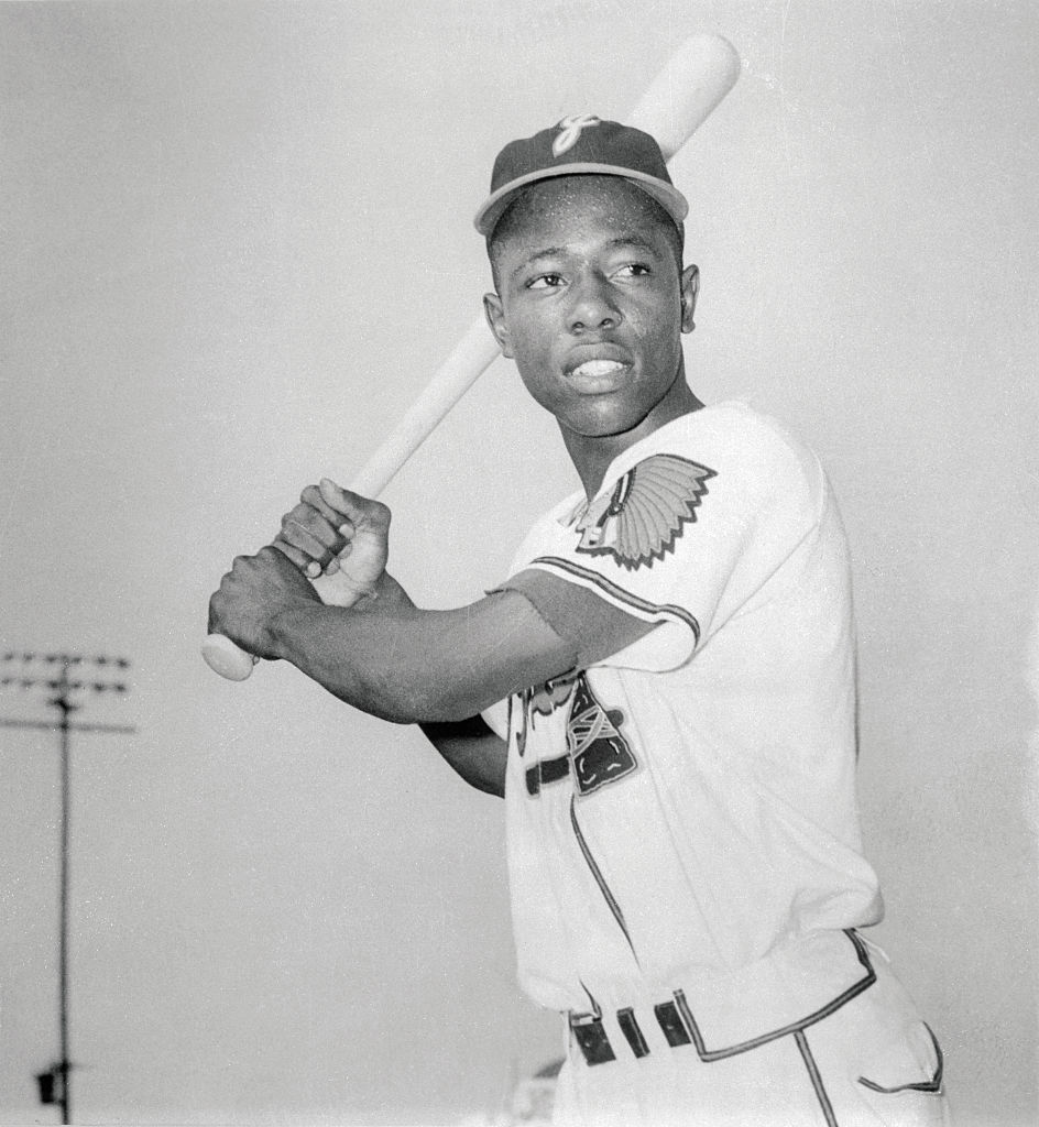Hank Aaron Holding Baseball Bat
