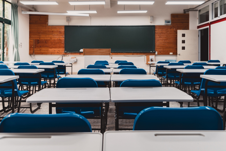 Empty classroom interior with modern desk and seat