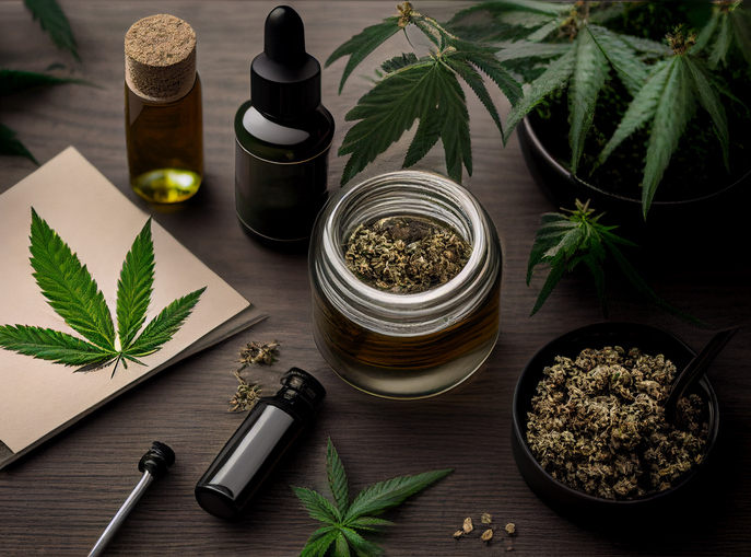 Table covered in various cannabis products, including buds, leaves, and oil