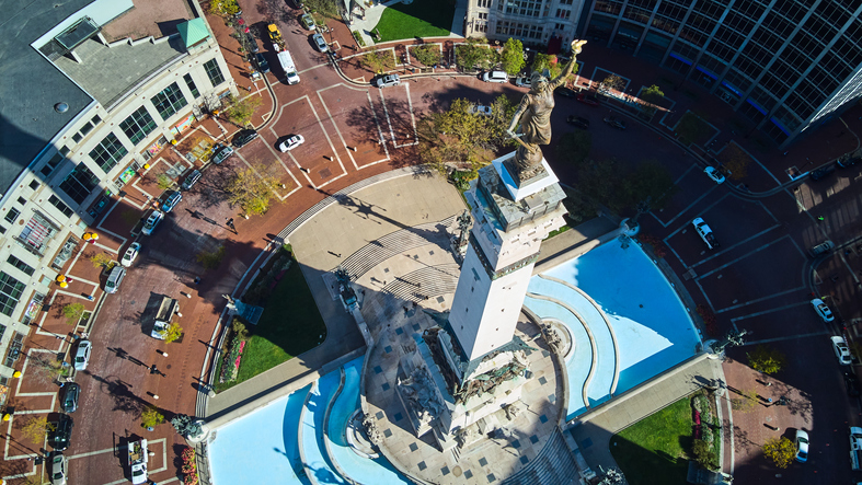 Aerial looking down at Soldiers & Sailors Monument and monument circle in Indianapolis, Indiana