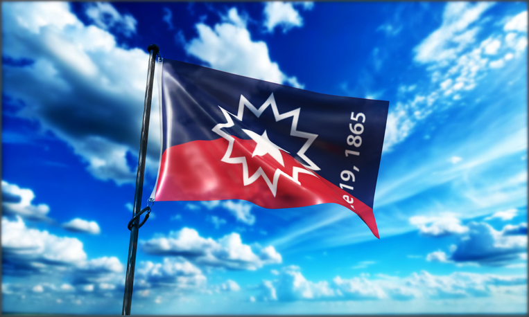 juneteenth flag waving blue sky background wallpaper copy space cloudy white awareness community african american 19 nineteen june month freedom national usa culture history juneteenth human right usa
