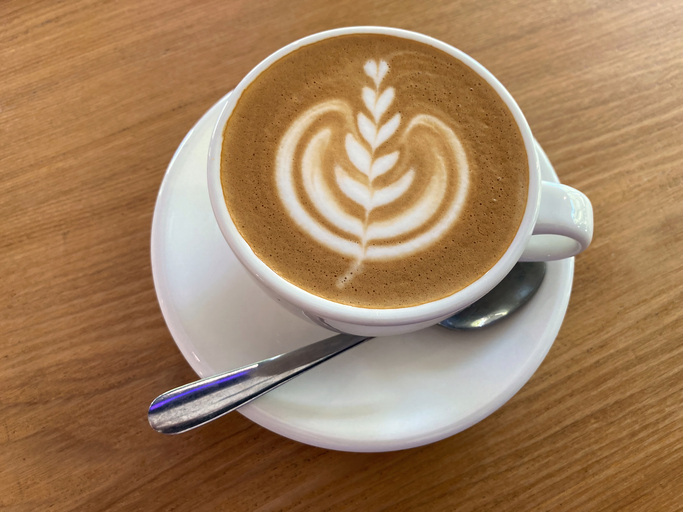 Flat white coffee with fern shape latte art in a white cup on a cafe table